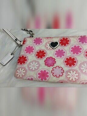 Coach Floral Heart Accent Wristlet in Pink and Red on Cream